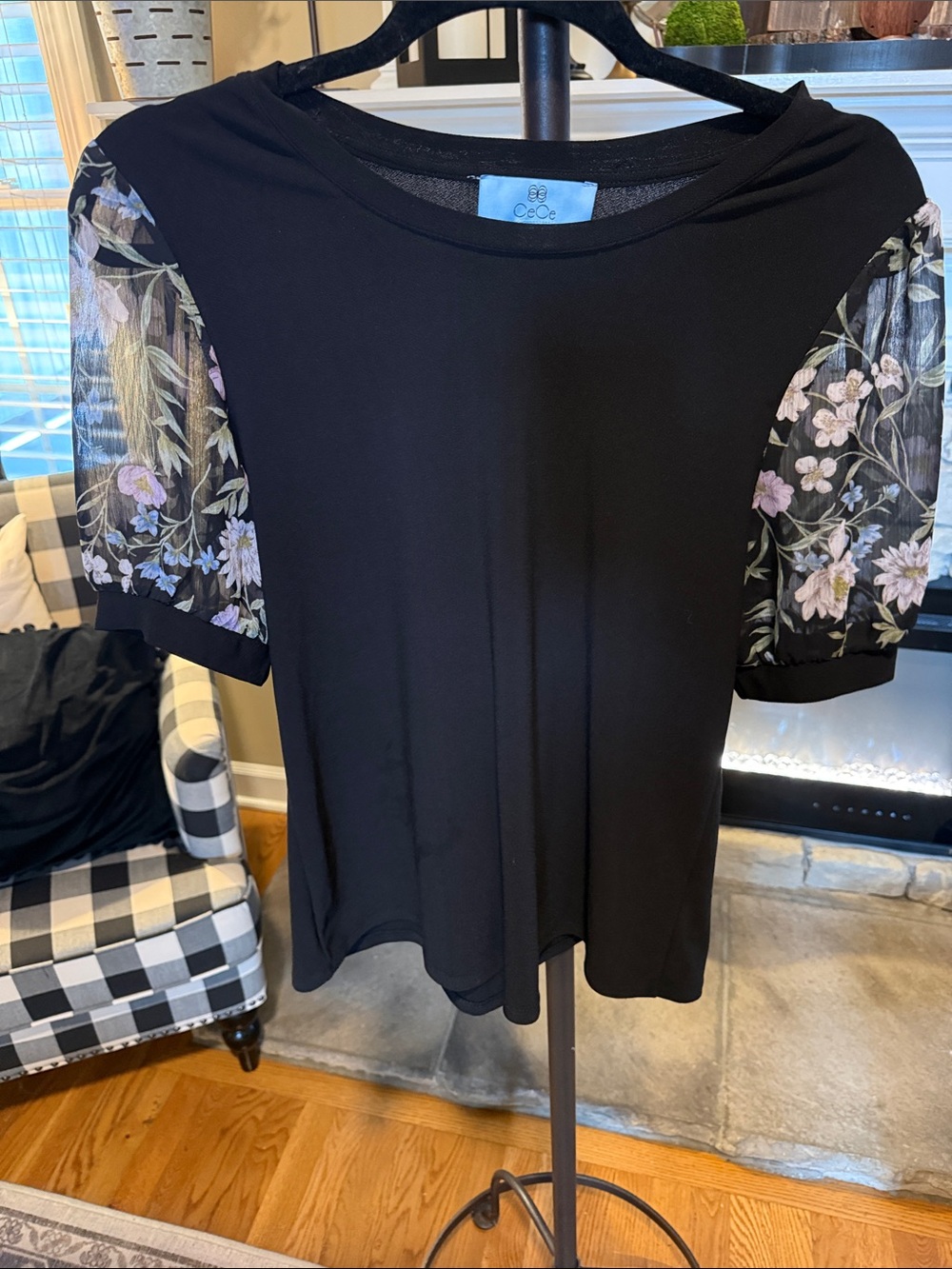 CeCe Black Top with Floral Sheer Puff Sleeves